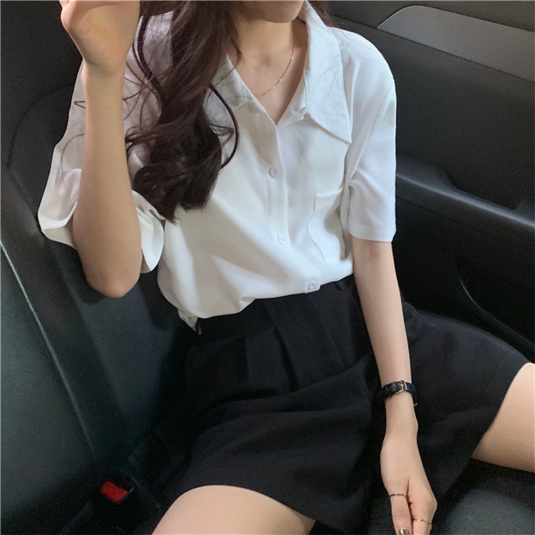 Áo Sơ Mi Tay Ngắn Dáng Rộng Màu Trơn Thiết Kế Mới Thời Trang Dành Cho Nữ