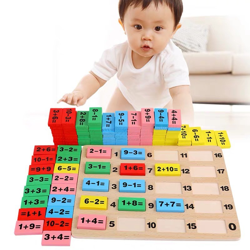 Đồ chơi gỗ Domino toán học 110 chi tiết + que tính giúp bé yêu học toán nhanh hơn