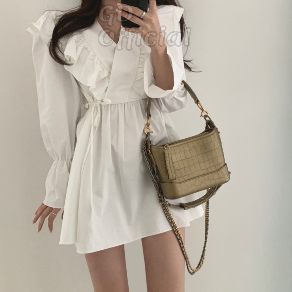 D8|Đầm nữ ngắn thanh lịch, kiểu dáng retro, đơn giản cho nữ chất cotton mềm mại tay phồng nâu, trắng, đen GD Official