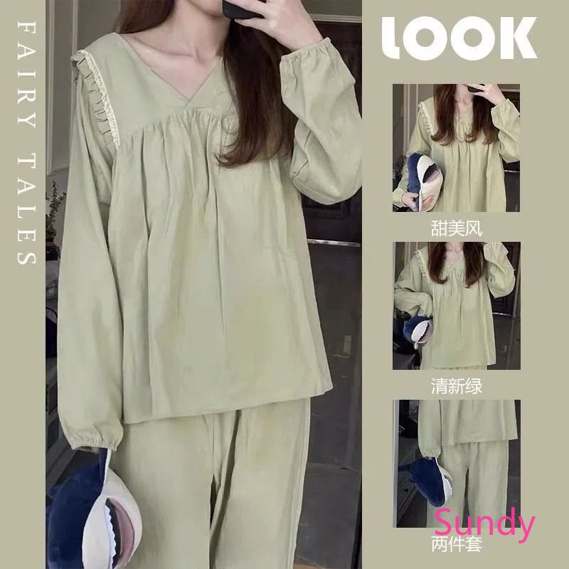 Bộ Đồ Ngủ Tay Dài Phối Bèo Màu Trơn Thời Trang Thu Đông Phong Cách Hàn Quốc Cho Nữ