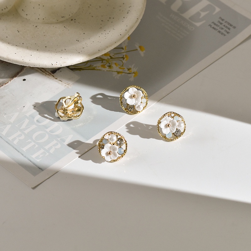 Khuyên tai kẹp không bấm lỗ chốt cố định K078 bằng hợp kim mạ vàng hình tròn bông hoa dáng ngắn Leous Accessories