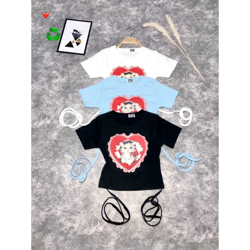 Áo thun nữ tay ngắn dáng croptop phối dây buộc lưng in họa tiết mèo trái tim hot 42