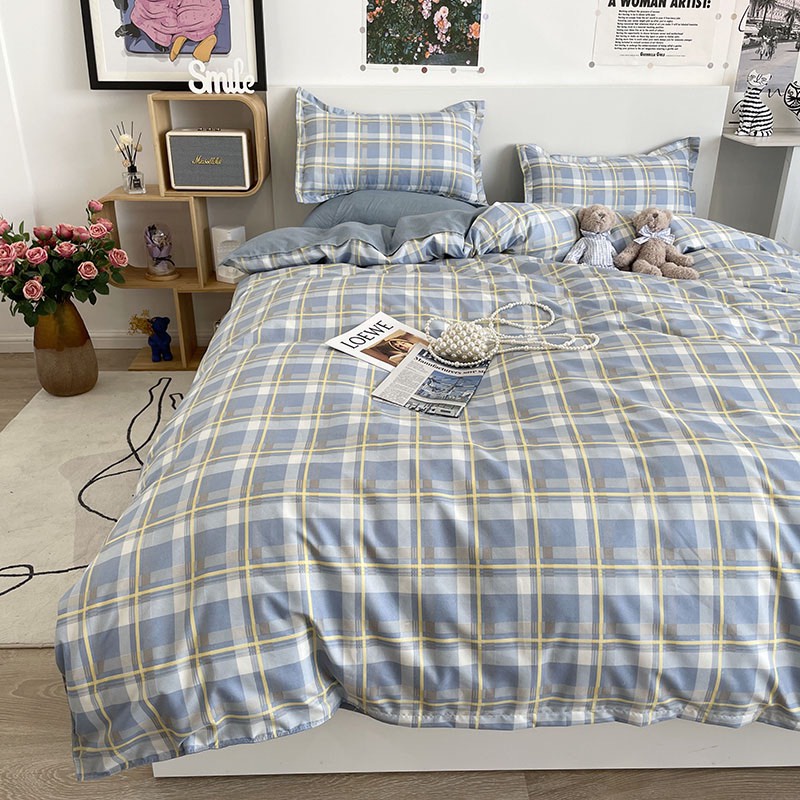 Bộ chăn ga gối Hàn Quốc chất liệu cotton poly - Mẫu kẻ ô vuông xanh.