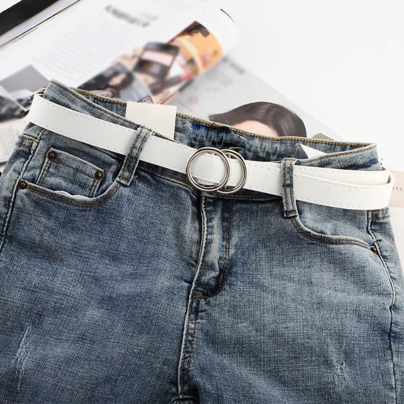 Thắt lưng da PU thời trang cho nữ với khóa kim loại hình 2 vòng tròn