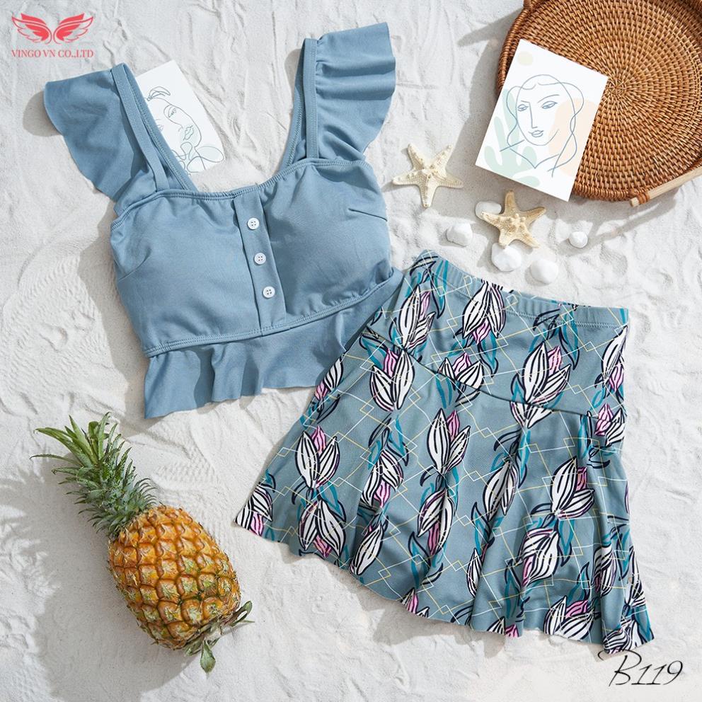VINGO Sét Đồ Bơi Bikini Nữ Che Khuyết Điểm Hai Mảnh Áo Hai Dây Và Váy Đi Biển Kín Đáo Ngọt Ngào B119 VNGO !