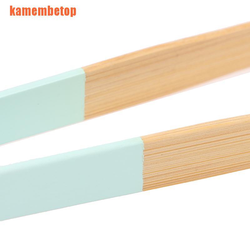 【TOP】Blue Yellow Bamboo Cooking Kitchen Tongs Food BBQ Tool Salad Bacon Steak