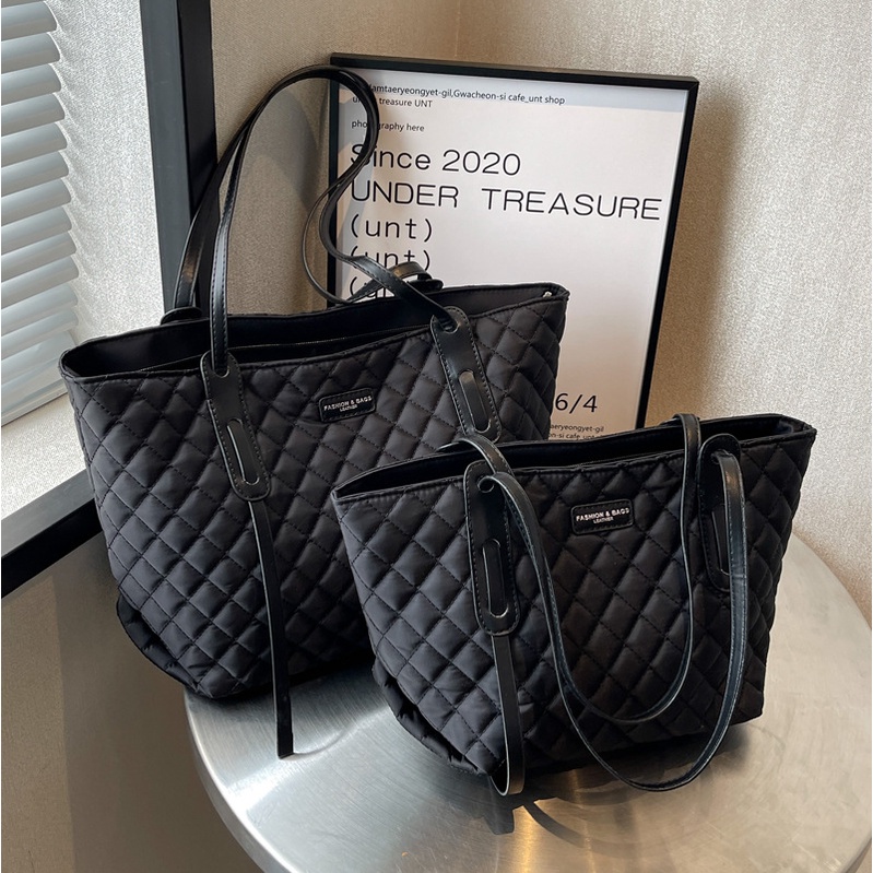 Túi xách JASMIN NOIR đeo vai cỡ lớn bằng nylon họa tiết sọc caro đơn giản thời trang mùa đông xinh xắn cho nữ