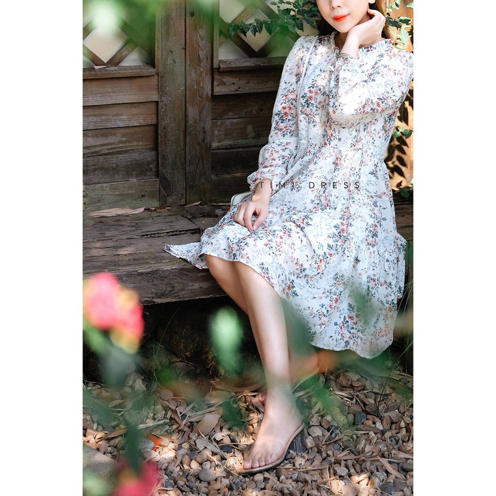 Váy babydoll hoa nhí , đầm baybydoll tay dài DAM0201