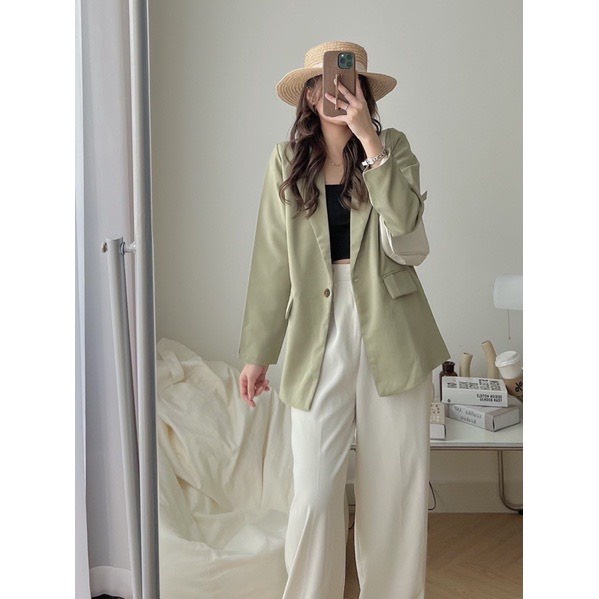 [ẢNH THẬT]Áo blazer màu xanh bơ Tay sang chảnh trơn Khoác Dạ Dáng Dài - dáng suông rộng trượt vạt bầu dáng rộng- áo khoá