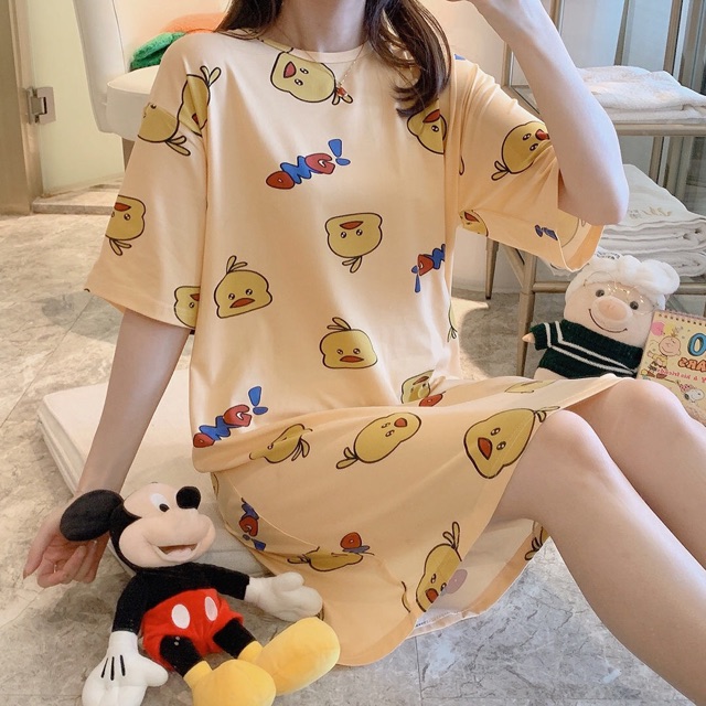 Đầm mặc nhà dễ thương chất thun cotton 4 chiều mịn mát thấm hút mồ hôi, có Bigsize, Ship hoả tốc 30’