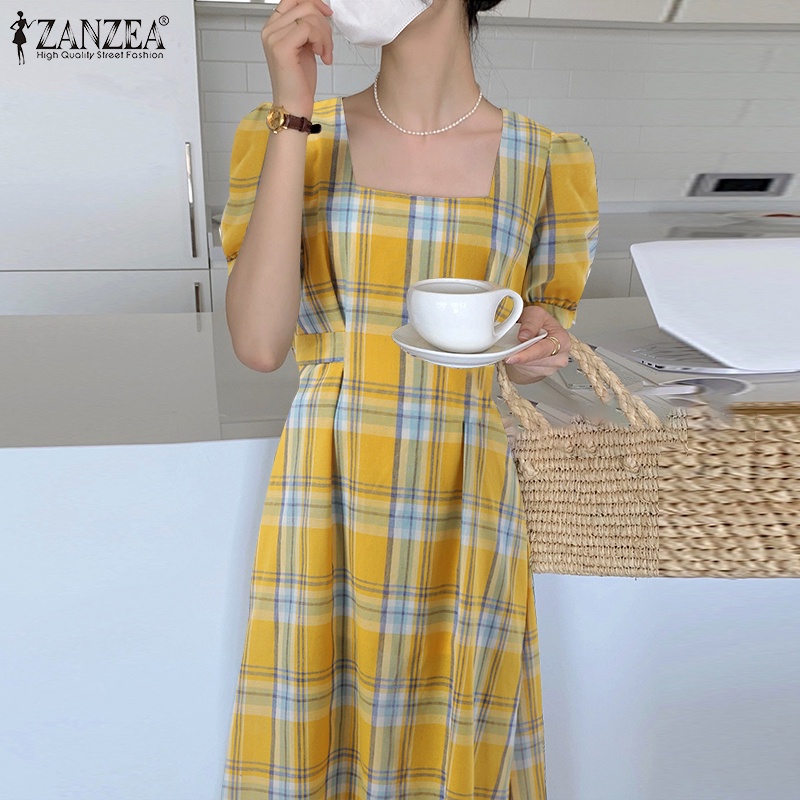 Đầm dài Zanzea tay lửng cổ vuông họa tiết sọc caro thời trang cho nữ