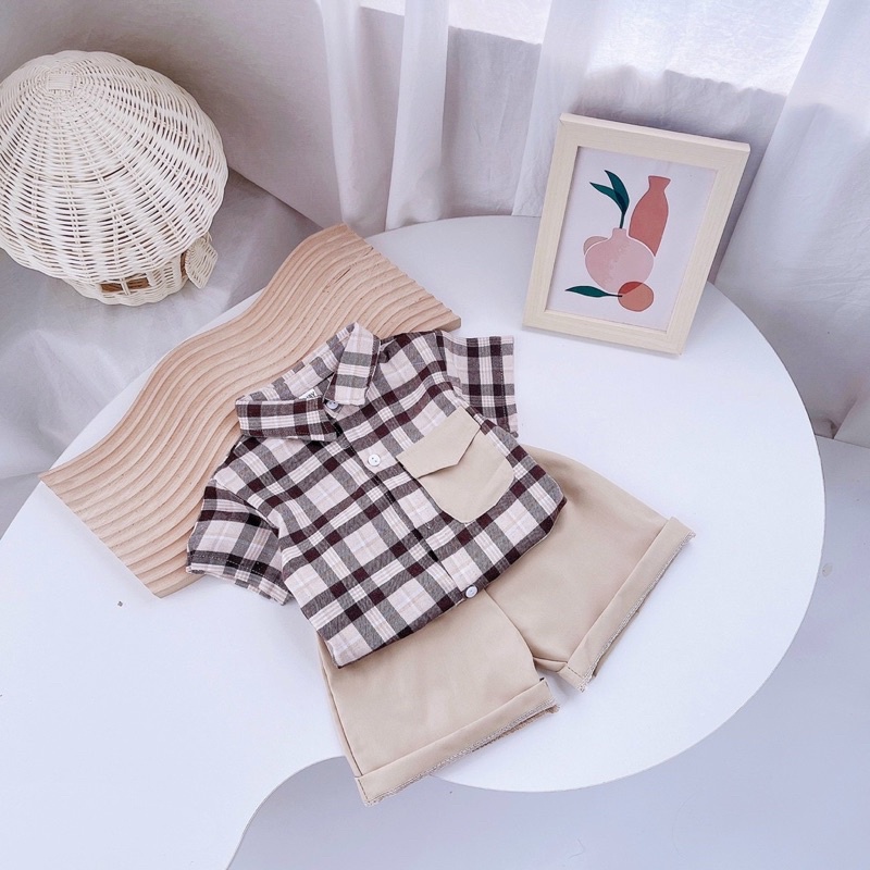 NÂU Bộ sơ mi kẻ túi cho bé mã 46058