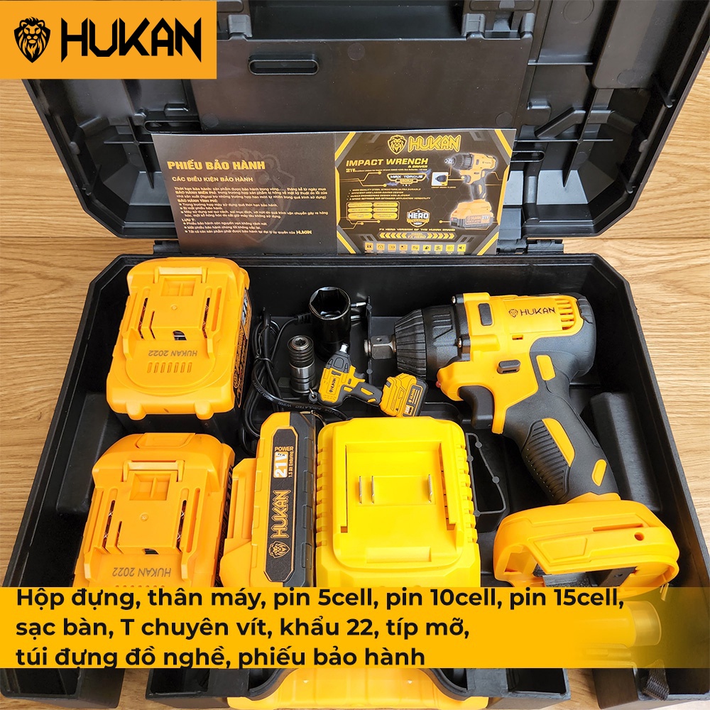 Máy Siết Bulong HUKAN HK-Hero Lực Siết 380Nm, 3 Cấp Tốc Độ, Đầu Khẩu 22cm Kèm 3 Pin