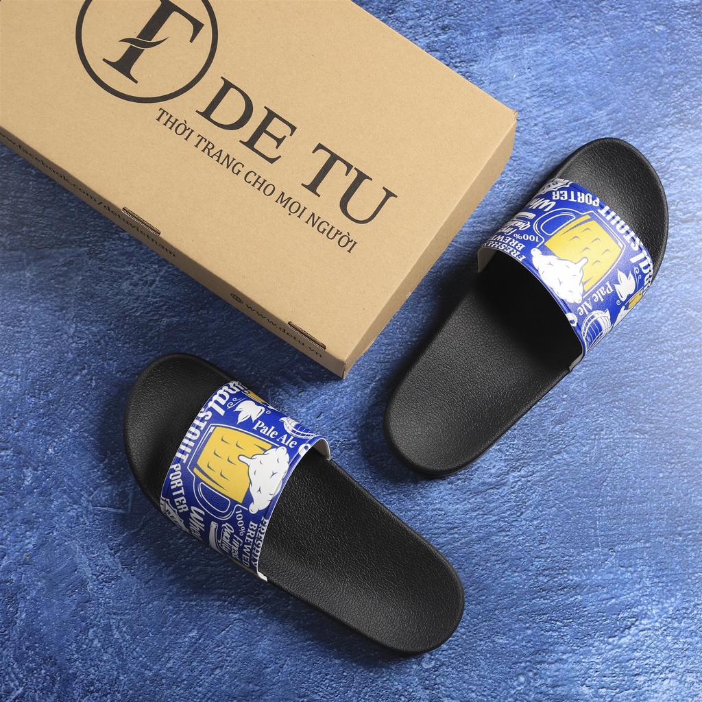 Dép Quai Ngang Unisex DETU DNT19 hình ly Bia (Đen/Xanh)