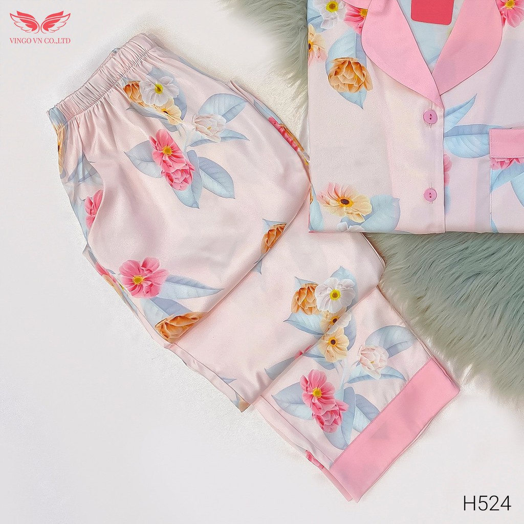 Đồ Bộ Ngủ Nữ Pijama Mặc Nhà VINGO Chất Liệu Lụa Pháp Cao Cấp Tay Cộc Quần Dài Họa Tiết Hoa Hồng Thanh Lịch H524 VNGO