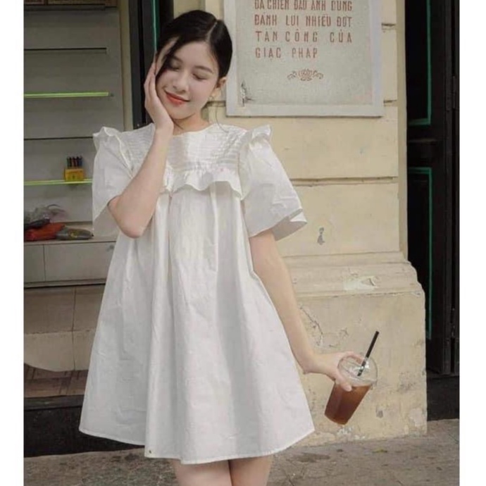 Váy Babydoll Cổ Bèo Xếp Ly Ngực Form Rộng Dáng Ngắn Xoè Xinh Xắn, Labibi