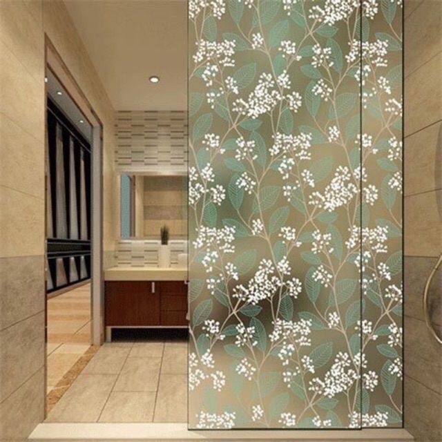 Giấy dán kính mờ họa tiết hoa lá 2 màu xanh và hồng rộng 90cm