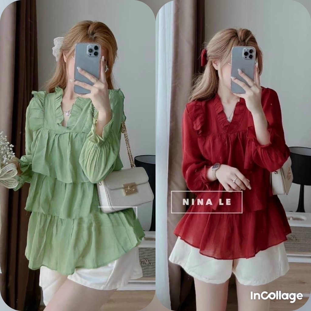 Sét bộ đồ nữ bánh bèo áo 3 tầng xinh phối quần for 2 màu xanh và đỏ mặc tôn da