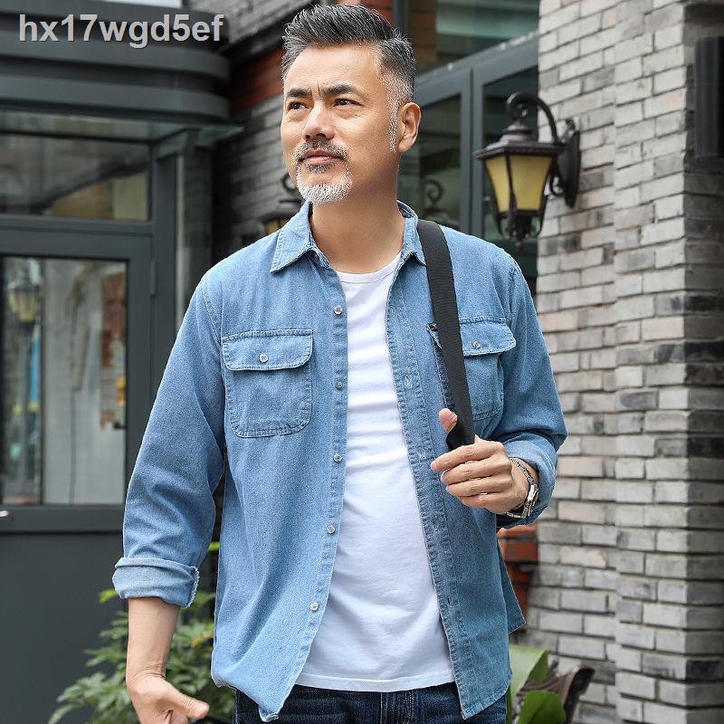 ►♘Áo khoác denim trung niên bố nam mỏng ngoài dài tay ông nội bông cho người lớn tuổi