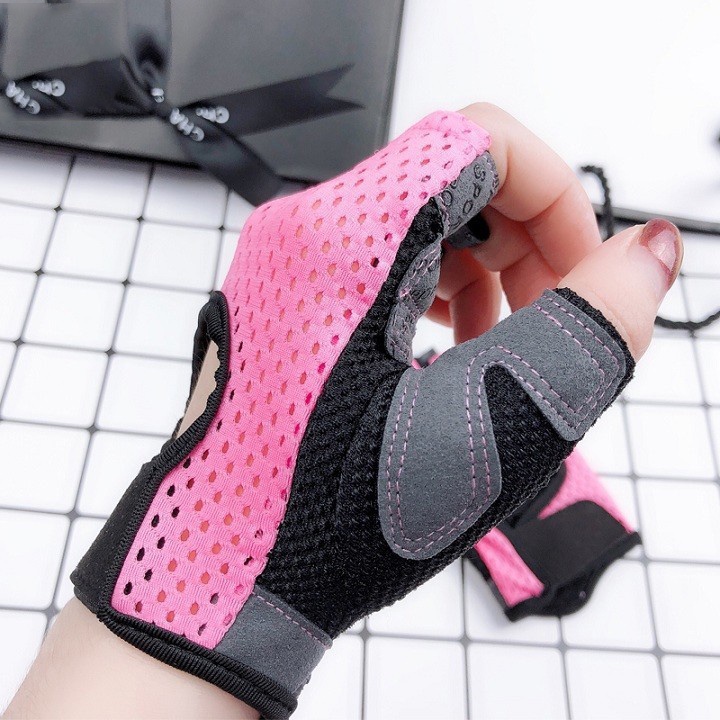 Găng tay nữ tập gym màu hồng, găng tay hở ngón chống trượt thoáng khí thể thao, bao tay nữ tập thể hình