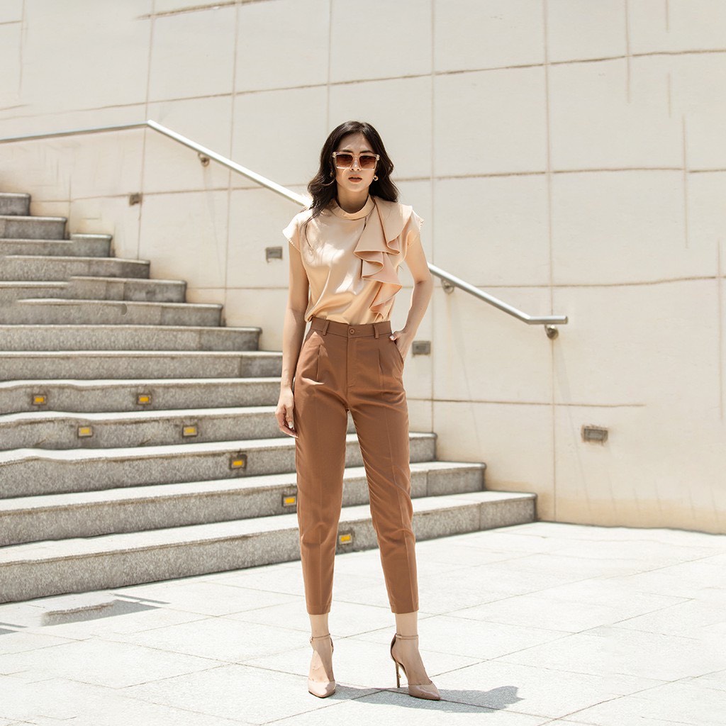 Quần Baggy nữ, Quần tây nữ công sở màu nâu cam lưng cao dáng xuông siêu tôn dáng size to