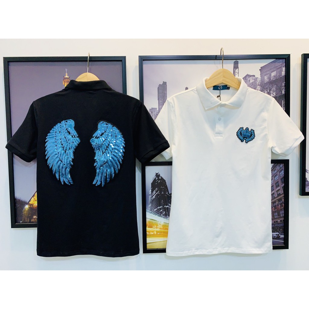 Áo thun nam có cổ tay ngắn thêu kim sa cánh đại bàng xanh chất cotton co dãn 4 chiều 2 màu trắng đen cao cấp AHFASHION | BigBuy360 - bigbuy360.vn