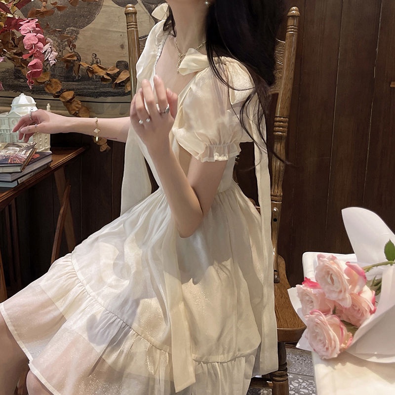 Đầm Công Chúa Tay Phồng Phối Ren Đính Nơ Ngọt Ngào Cho Nữ Sinh