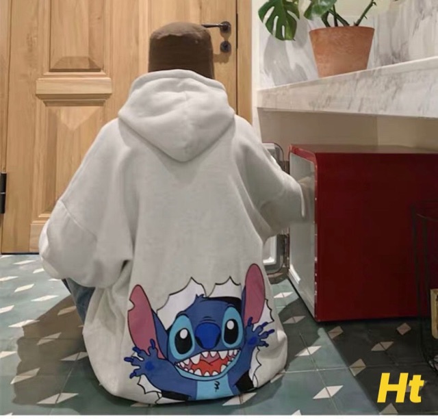 Áo hoodie nỉ mũ in Stitch chó tài thỏ xanh