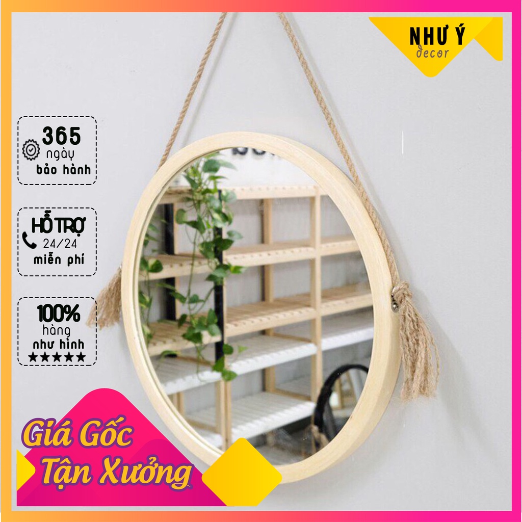 Gương tròn treo tường gỗ thông ⭐RẼ NHẤT SHOPEE⭐ cao cấp D50 cho nhà tắm trang điểm phòng ngủ [Tặng Kèm Dây Và Núm Gỗ]