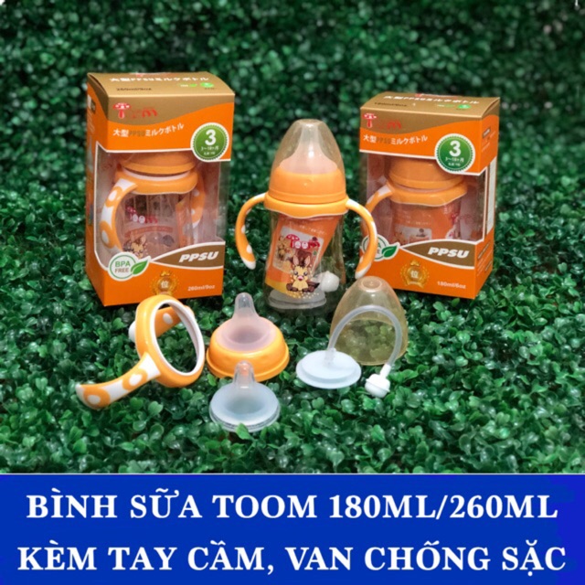 Bình sữa Toom 180ml/260ml kèm van chống sặc và tay cầm