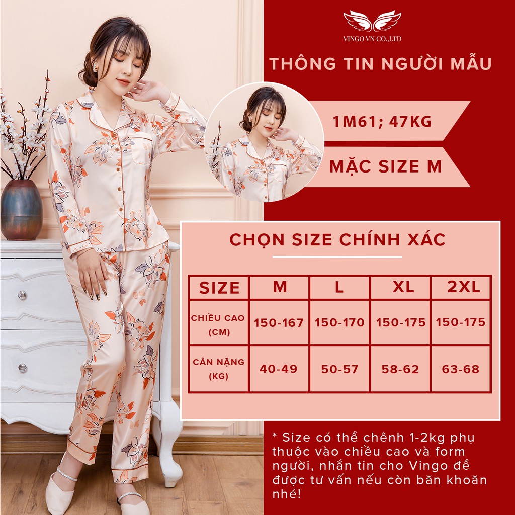 Bộ Đồ Nữ Pyjama Mặc Nhà VINGO Lụa Pháp Cao Cấp Áo Tay Dài Quần Dài Họa Tiết Hoa Lá Trẻ Trung Thu Đông H275 VNGO - TDQD | WebRaoVat - webraovat.net.vn