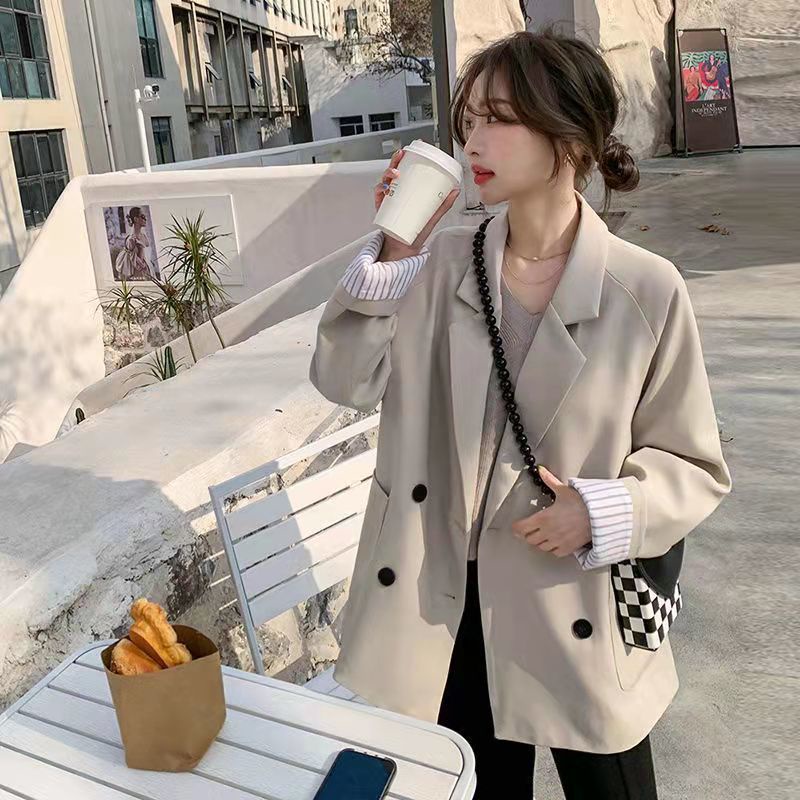 Áo Khoác Blazer Hai Hàng Nút Cài Dáng Rộng Cỡ Nhỏ Màu Sắc Tương Phản Phong Cách Hàn Quốc Thời Trang Xuân Thu 2023