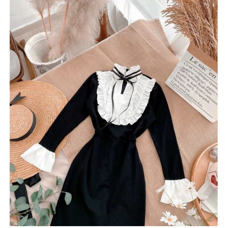 👗Đầm Body Đen Tay Dài tiểu thư👗 Ngực pha trắng phối viền bèo, Cổ thắt nơ tay dài - Váy body đen tiểu thư đẹp | BigBuy360 - bigbuy360.vn