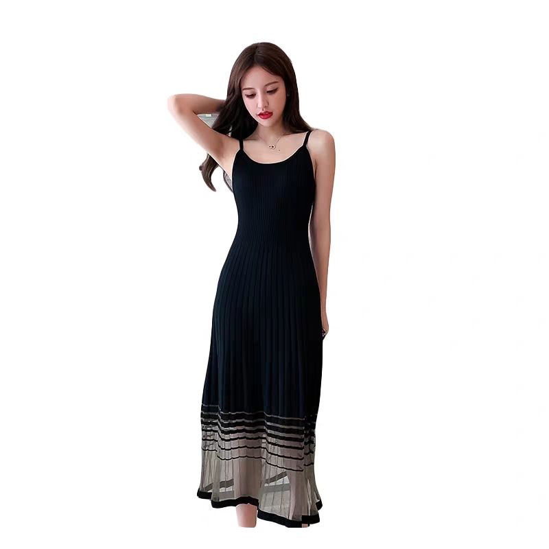 Summer new style mesh splicing ice silk suspender A-line slim and fashionable wear outside and bottom knitted skirt | BigBuy360 - bigbuy360.vn