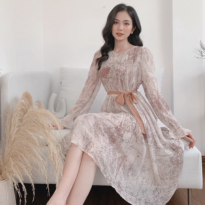 Đầm nữ công sở, đầm xoè dài tay HECCI phối thắt eo vải voan lụa DM-V130