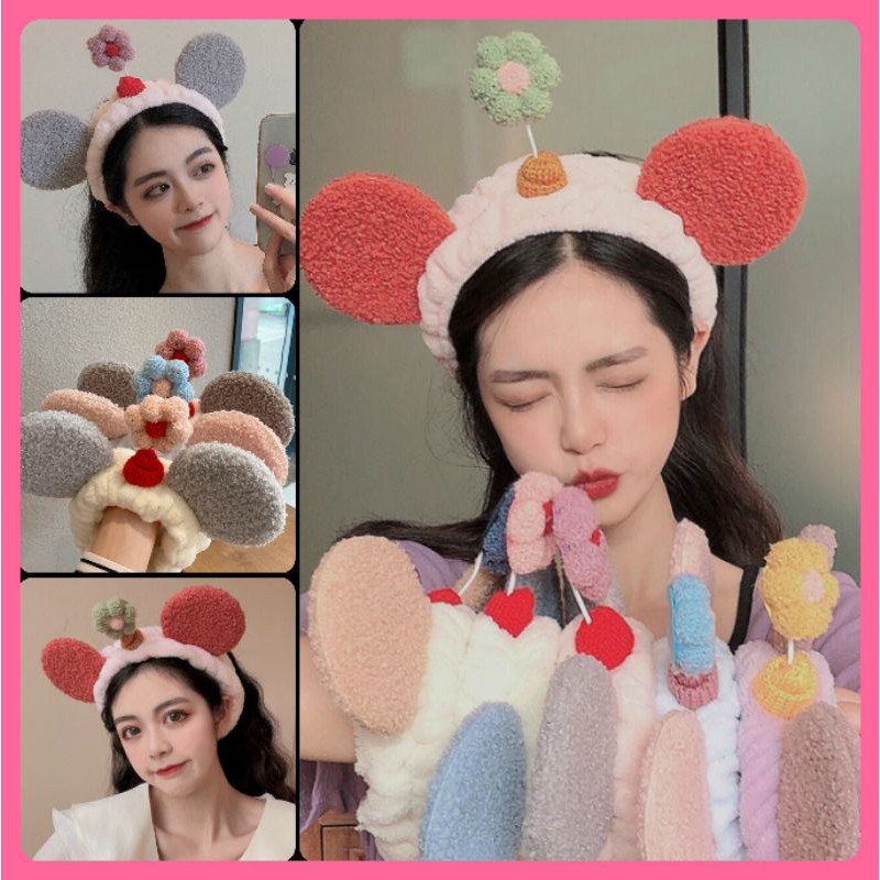 Băng đô lông cừu gắn hoa daisy cực dễ thương - Bờm turban rửa mặt xinh xỉu giá rẻ