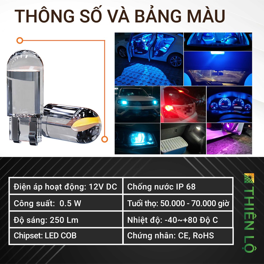 02 Bóng đèn LED T10 Đúc Kính chống nước CHIP COB LED 2021 lắp đèn xi nhan demi mặt đồng hồ cho ô tô xe máy của Thiên Lộ