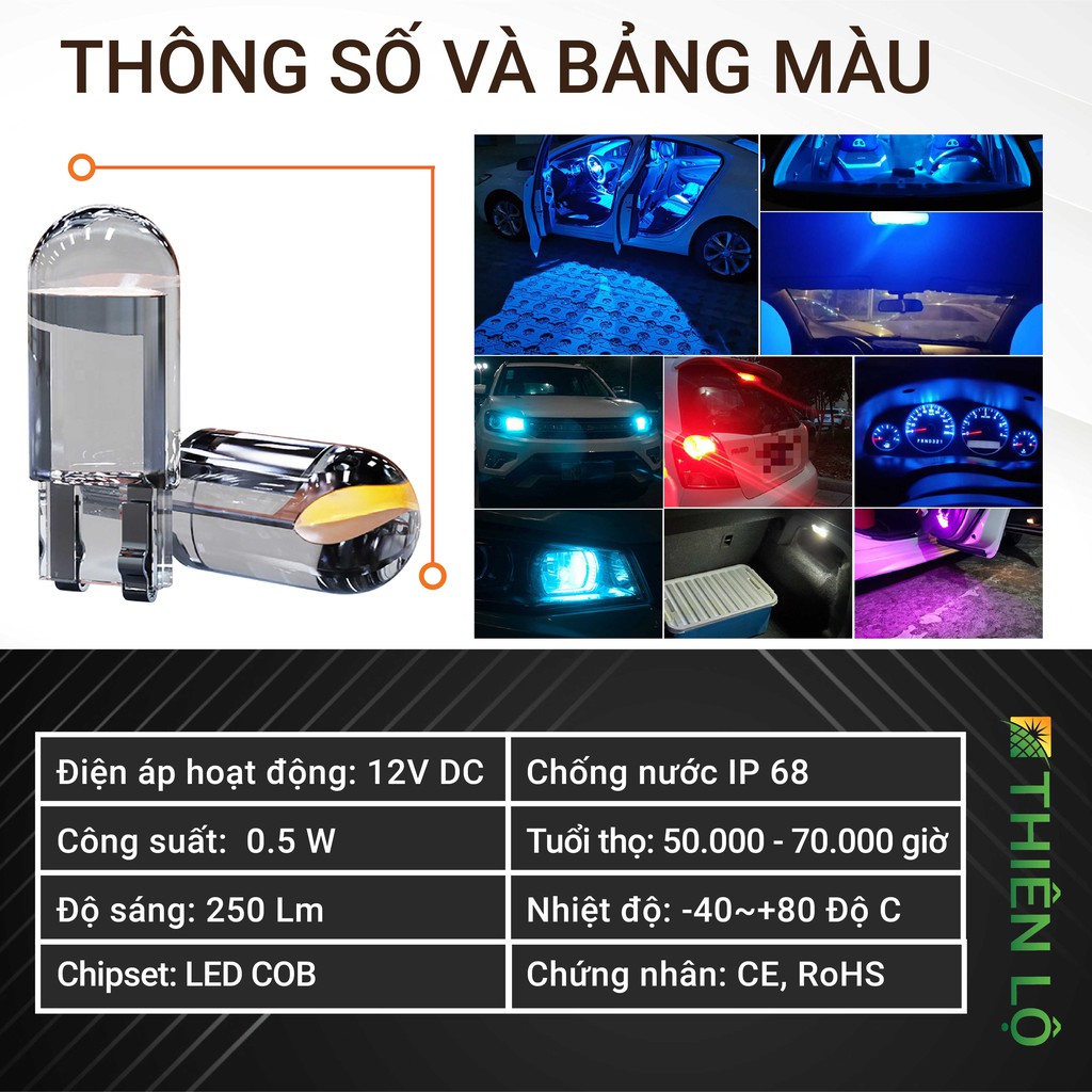 04 Bóng đèn LED T10 Đúc Kính chống nước CHIP COB LED 2021 lắp đèn xi nhan demi mặt đồng hồ cho ô tô xe máy của Thiên Lộ