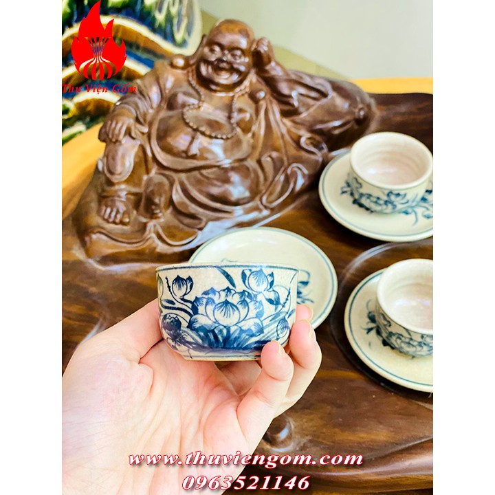 Bộ ấm chén uống trà Bát Tràng men rạn cổ vẽ sen