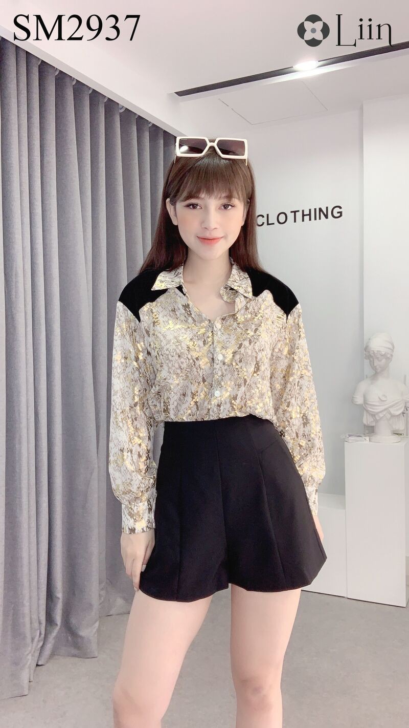 Áo sơ mi Tơ Vàng Phối Nhungkết hợp vai viền đen cá tính Liin Clothing SM2937