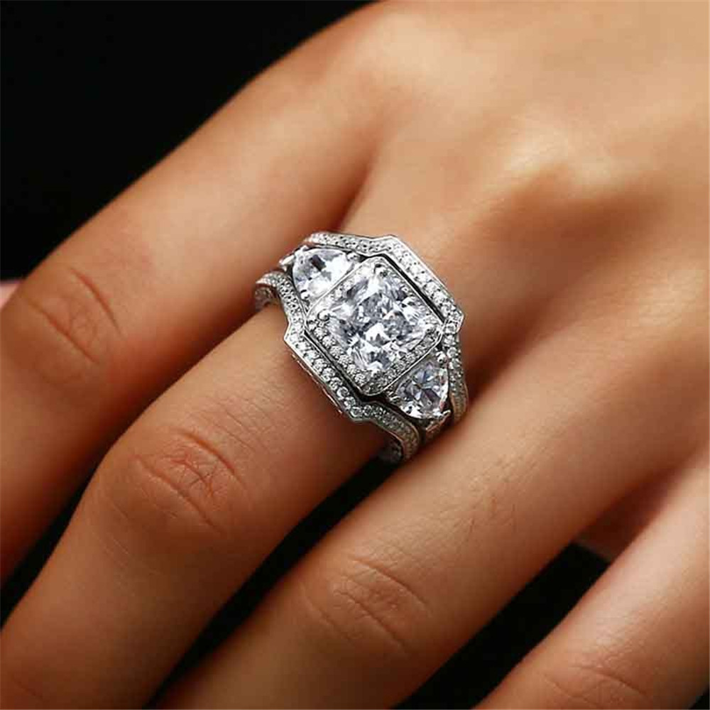 2020 hot sale cross-border new product European and American silver double heart zircon three-piece ring