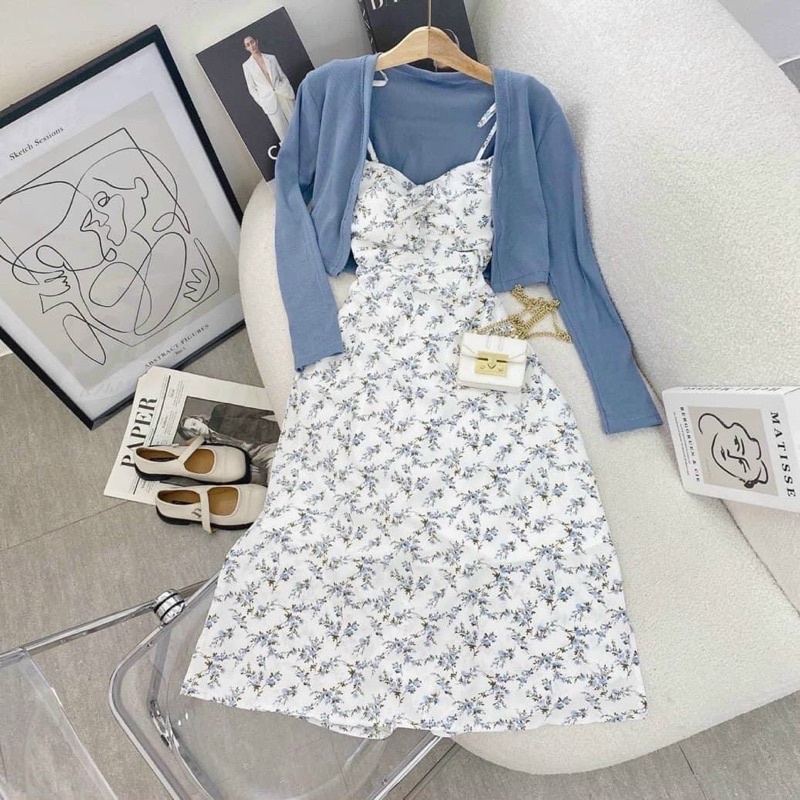 Đầm dây hoa nhí kèm khoác xanh - Chitchitstore