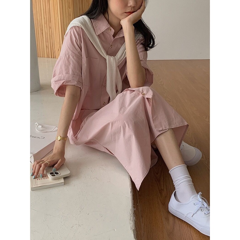 Đầm Sơ Mi Tay Ngắn Giả Hai Lớp Thời Trang Mùa Hè Dành Cho Nữ