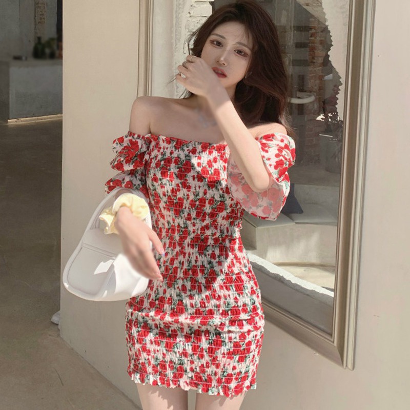 Đầm Hoa Cổ Vuông Nhấn Eo Phong Cách Hàn Quốc Thời Trang Mùa Hè Cho Nữ