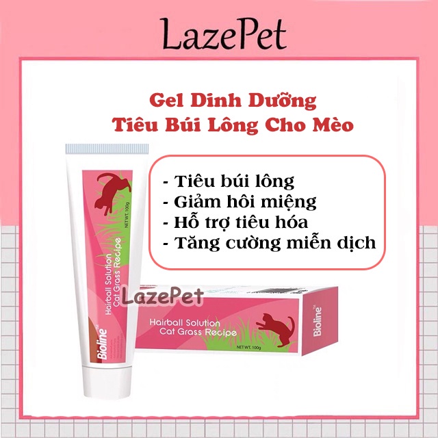Gel tiêu hóa búi lông cho Mèo Bioline Hairball Solution Cat Grass Recipe Tuýp 100g Giúp tiêu hóa búi lông,Hỗ trợ tiêuhóa