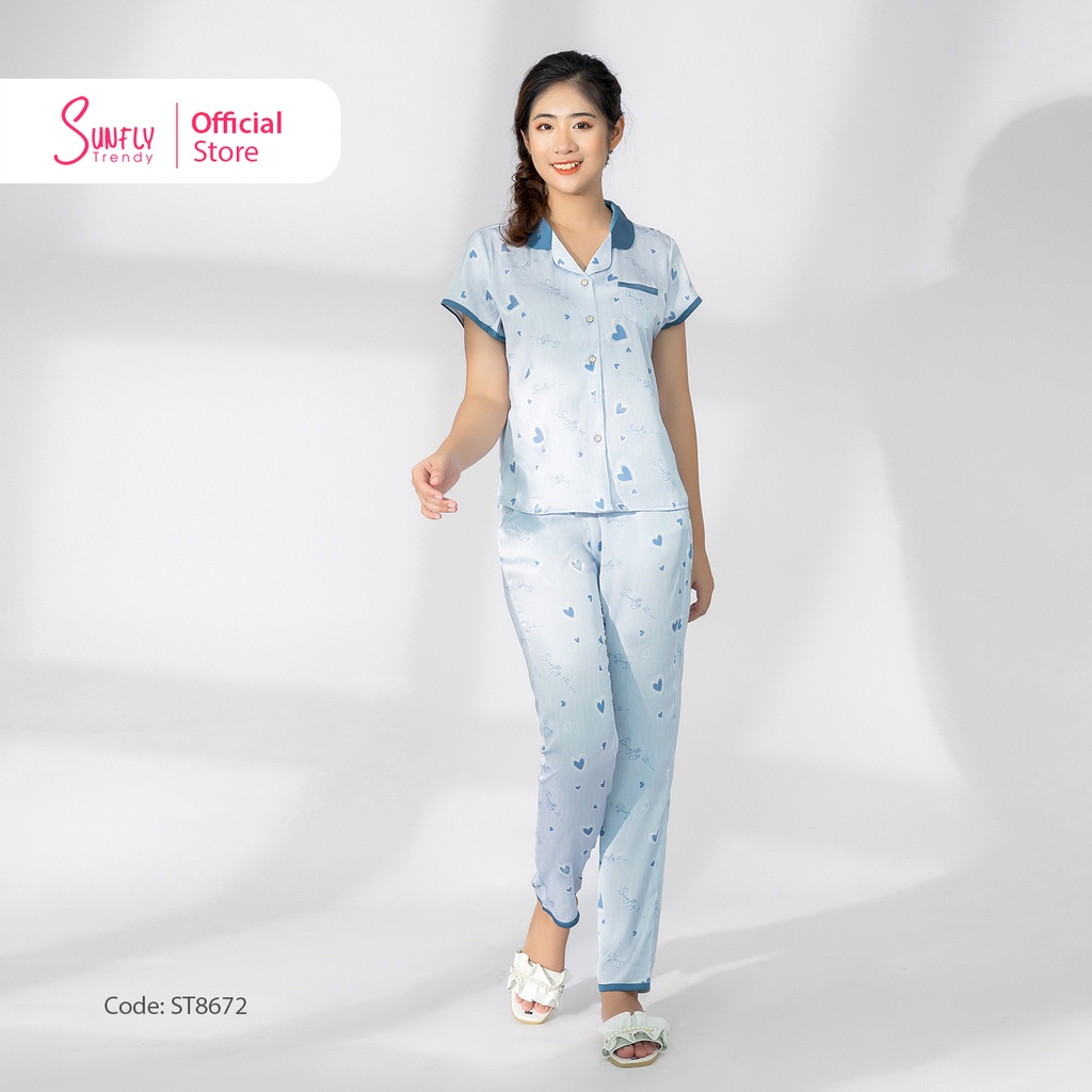 Bộ đồ mặc nhà nữ pijamas SUNFLY lụa áo cộc tay, quần dài ST8672