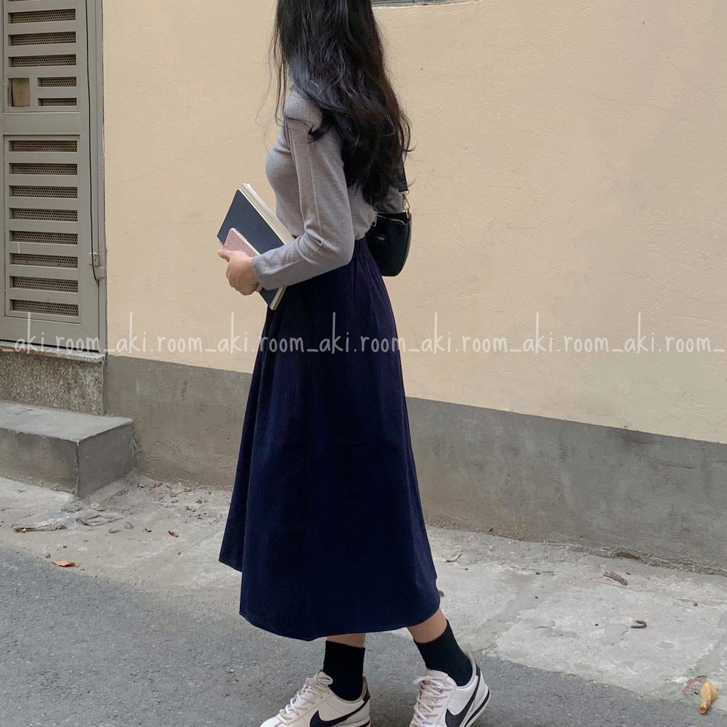 Chân váy thô dày xòe dài cạp cúc lưng chun