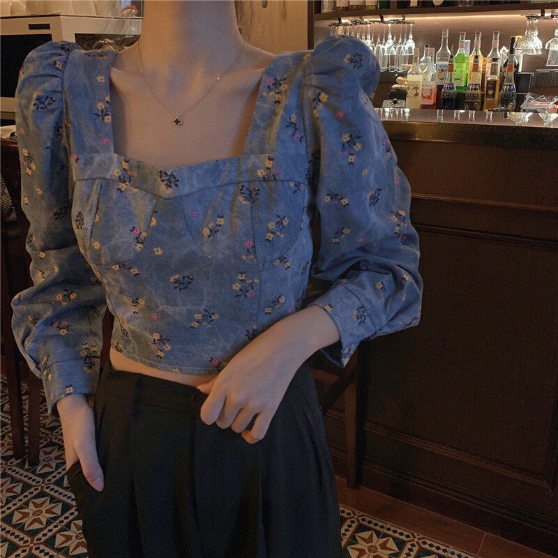 Áo kiểu Ielgy cổ vuông tay dài in họa tiết hoa màu xanh dương thời trang
