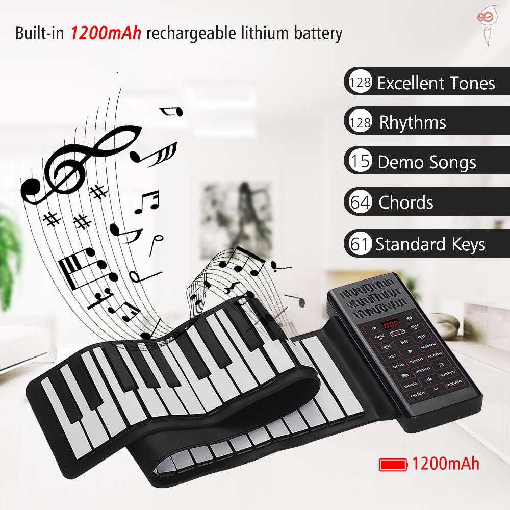 X&S Multifunction Portable Electric 61 Keys Hand Roll Up Piano Flexible Silicone Piano Keyboard Built-in Speaker Rechargeable Lithium Battery Reverberation BT Function Digital Piano Keyboard