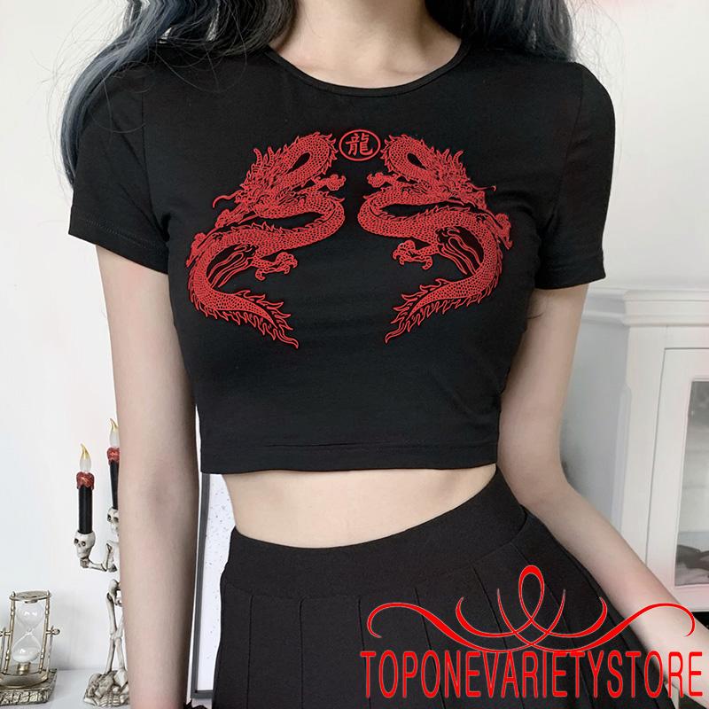 Áo croptop nữ in hình rồng thời trang